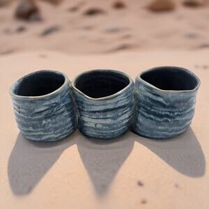 Handcrafted Vintage Studio Pottery Glazed Blue Swirl Ceramic Planter Trio